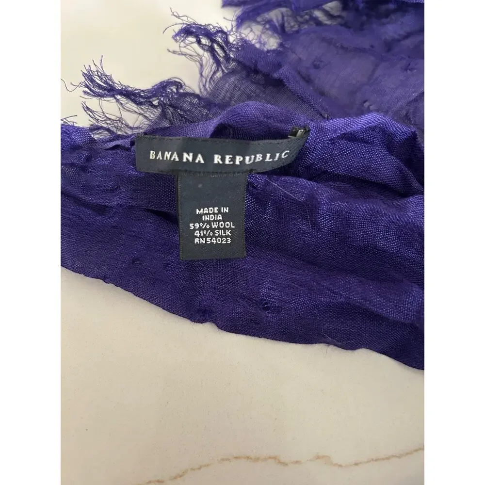 Banana Republic Silk Wool Scarf Purple Blue Geometric Crinkle Fringe Wrap Shawl